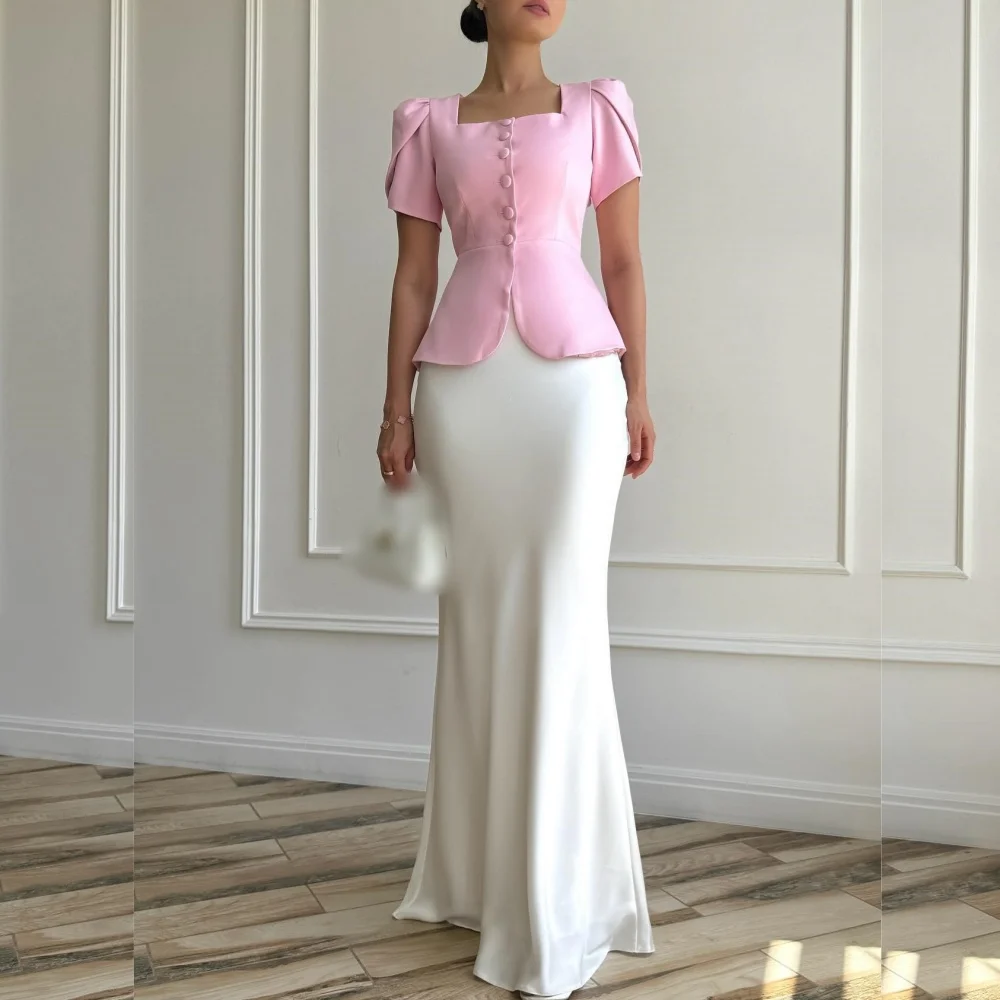 

Customized Sizes Available Jersey Button Pleat Trumpet Square Neck Long Dresses Bespoke Occasion Formal