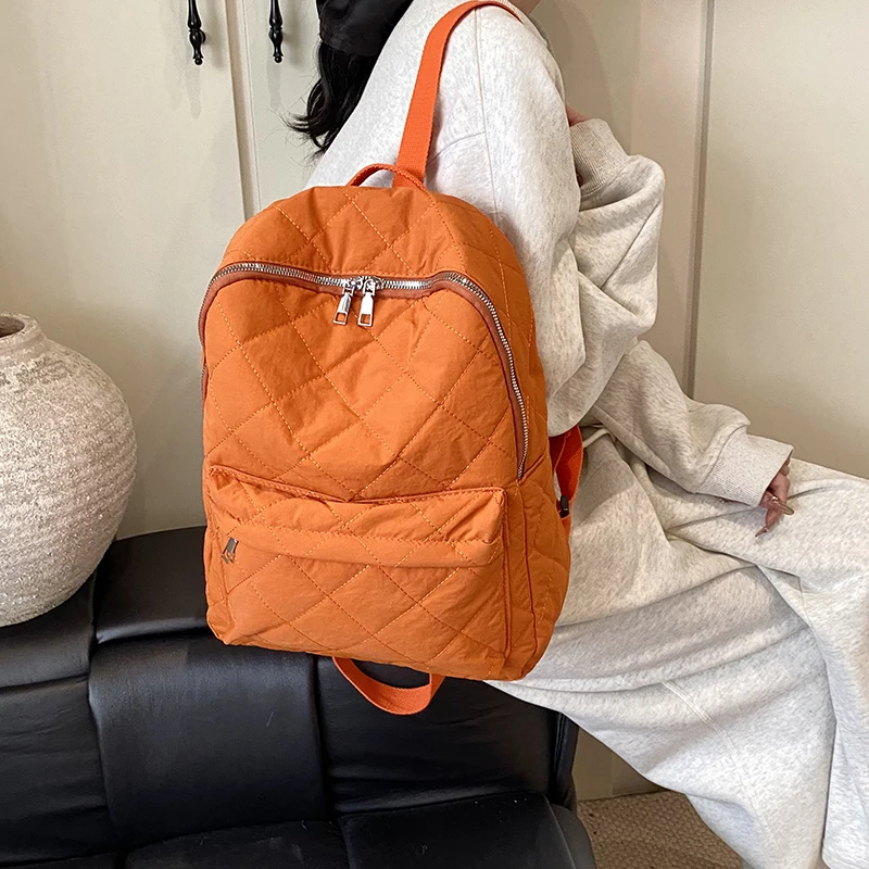 Large Capacity Backpack for Women Soft Nylon Daypack with Diamond Stitch Casual Travel Shoulder Bag Ladies Daily Work Rucksack