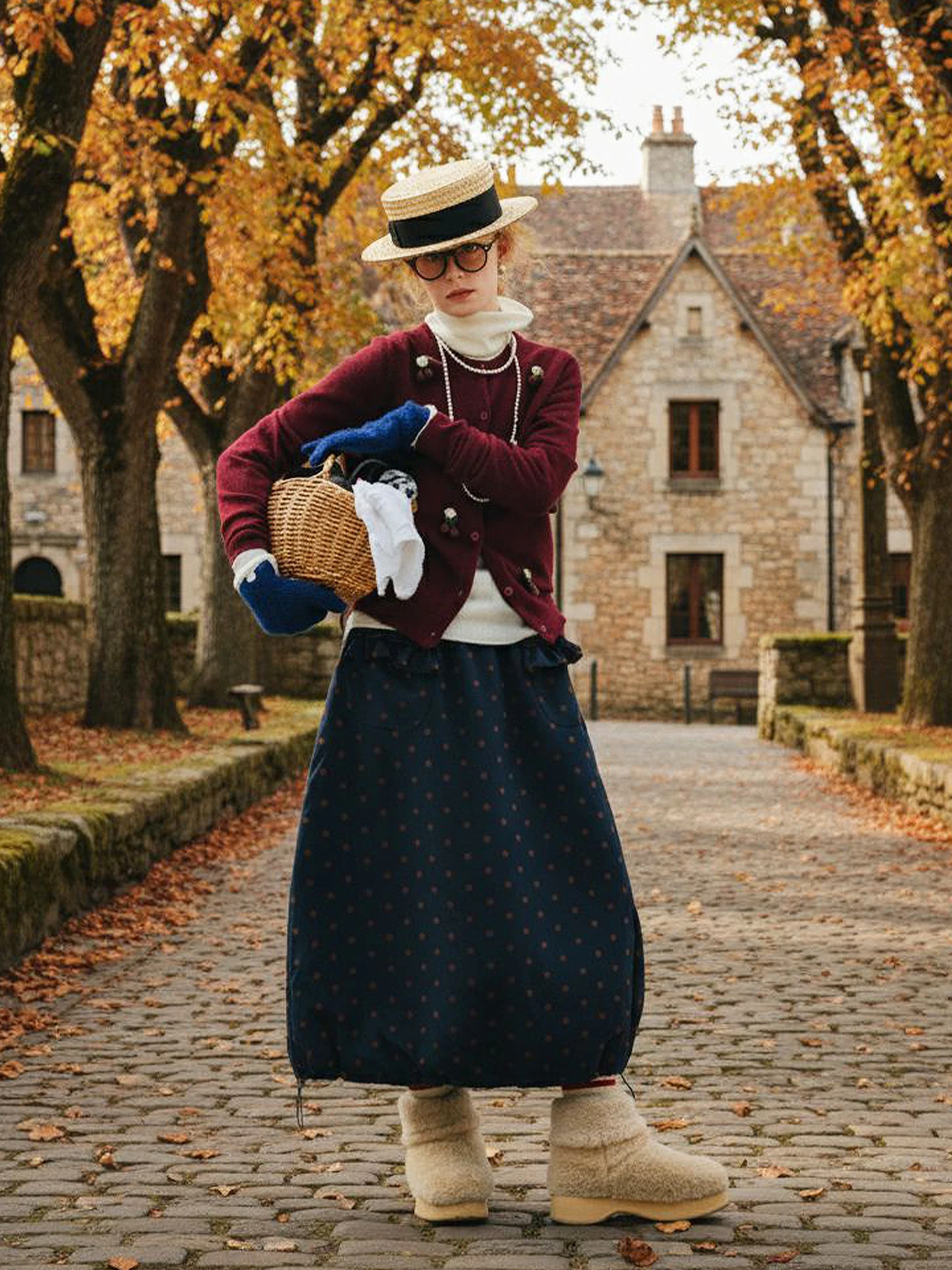 

imakokoni 2025 Autumn Color Spun Sheep Shearling Wine - Red Three - Dimensional Cherry Sweater Cardigan 255286