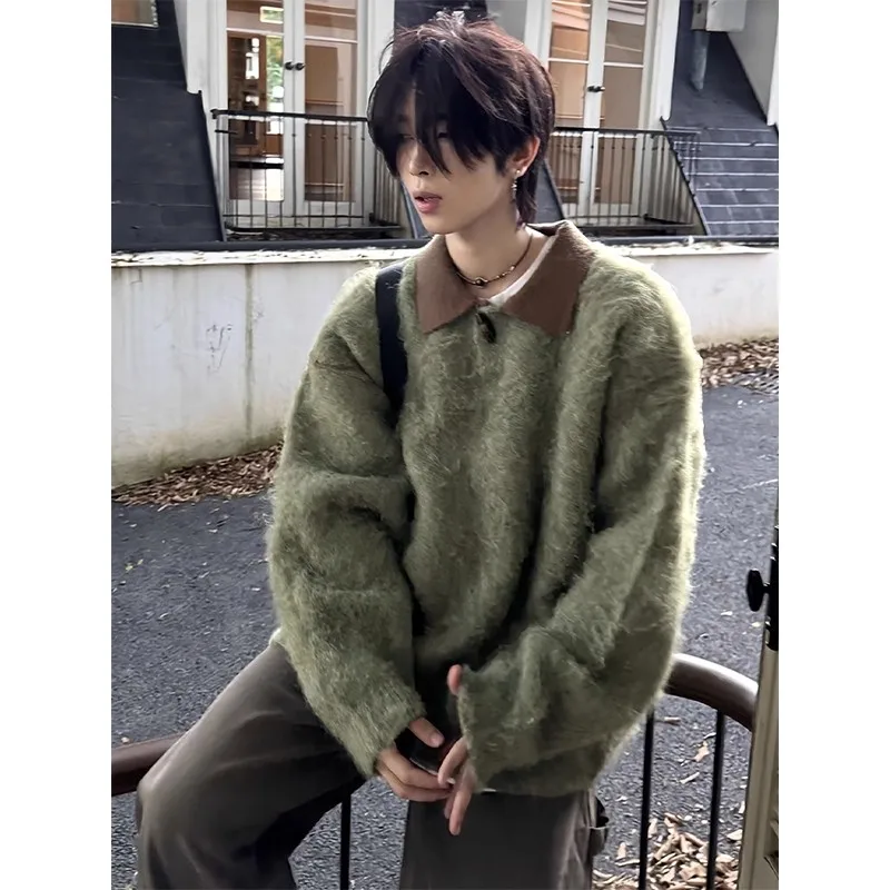 

Мужской вязаный свитер свободного кроя в американском ретро-стиле, осенне-зимний, с воротником, в стиле Cleanfit