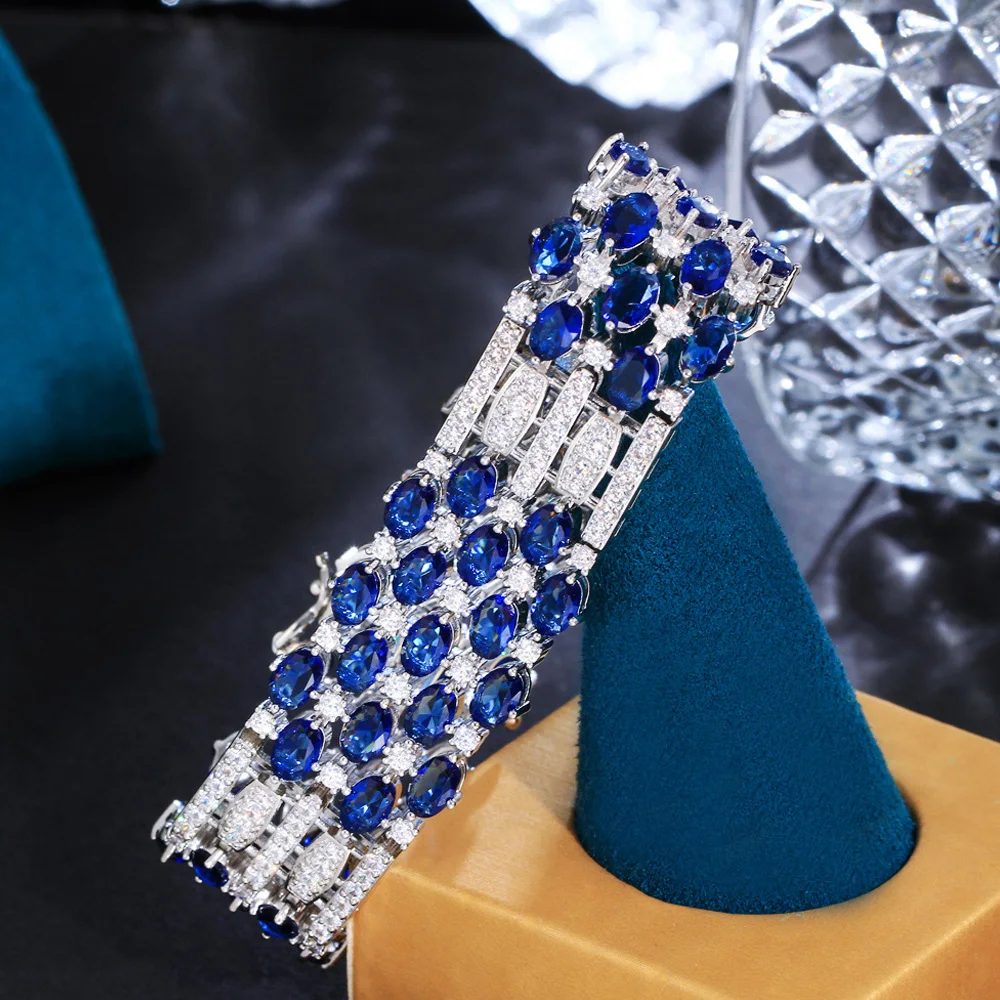 ThreeGraces High Quality Blue Cubic Zirconia Silver Color Luxury Bridal Party Bracelet for Women Fashion Banquet Jewelry BR296