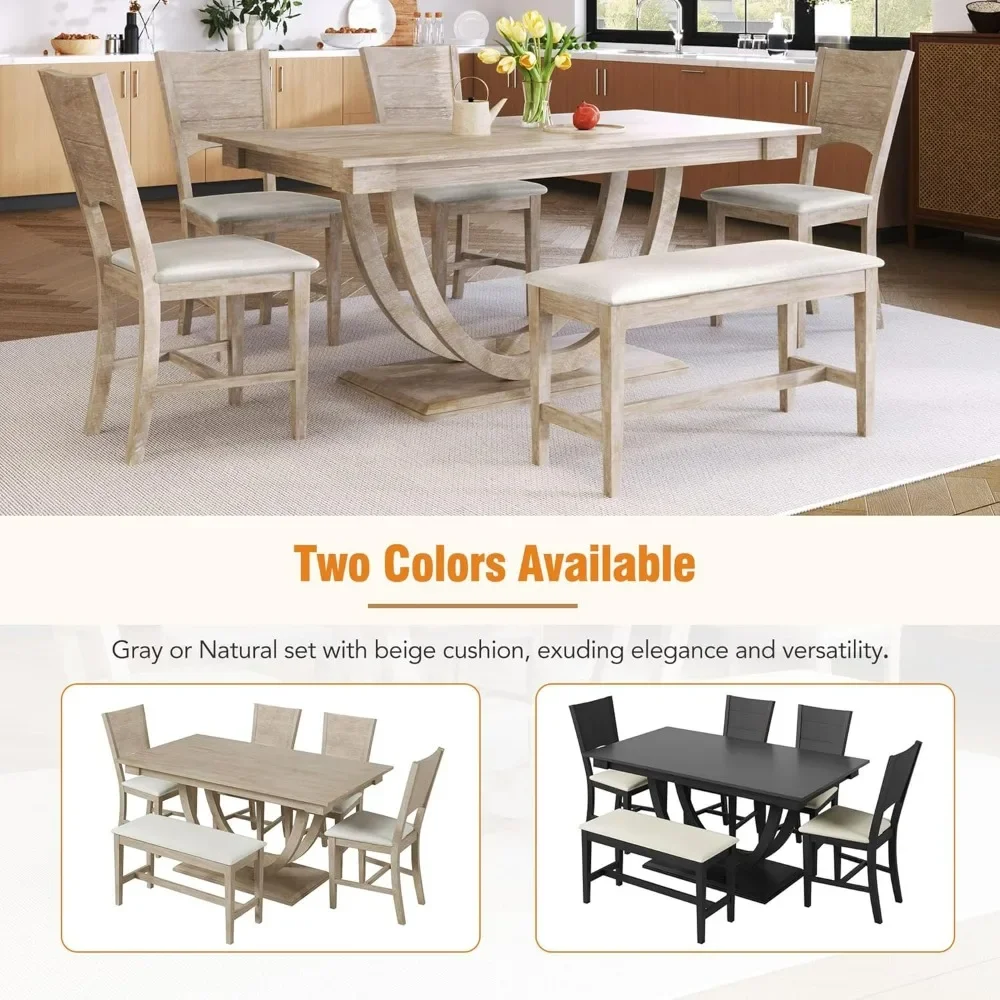 Dining Table Set for 6, with 4 Upholstered Chairs, Solid Wood Table and Chairs Set for Dining Room, Farmhouse Style, Natural