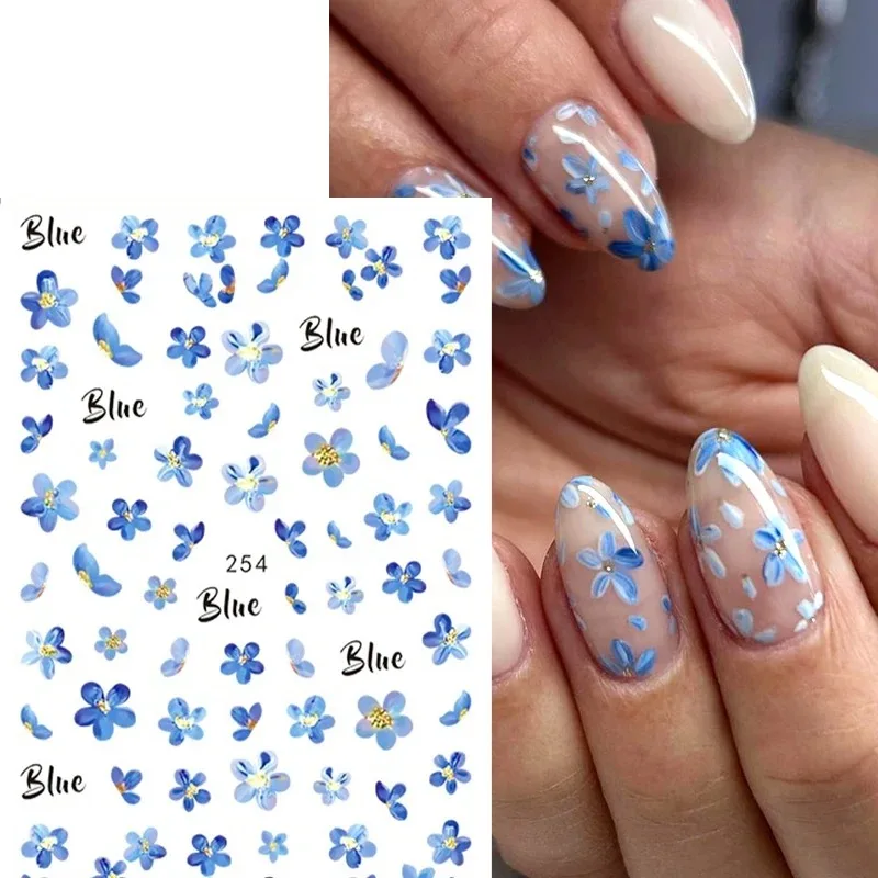 Watercolor Blue Flower Nail Stickers Cute Floral Petals Hyacinth Tulip Adhesive Decals for Elegant Spring Summer Nail Decor