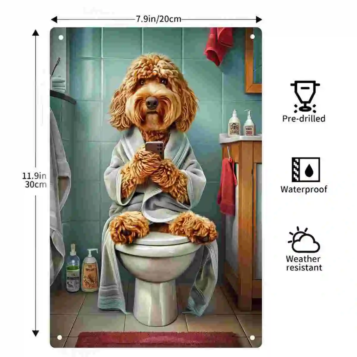 2D FLAT 1pc Funny Dog in Bathrobe Sitting on Toilet Bathroom Wall Sign Decoration for Home Cafe Garage Bedroom Porch And Garden