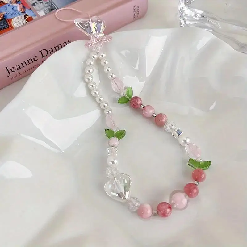 1Pc Cute Peach Beaded Mobile Phone Charm Strap XYun, Women Sweet Girls Jewelry, Pearl Cellphone Flower Lanyard for Keychain DYM image 6