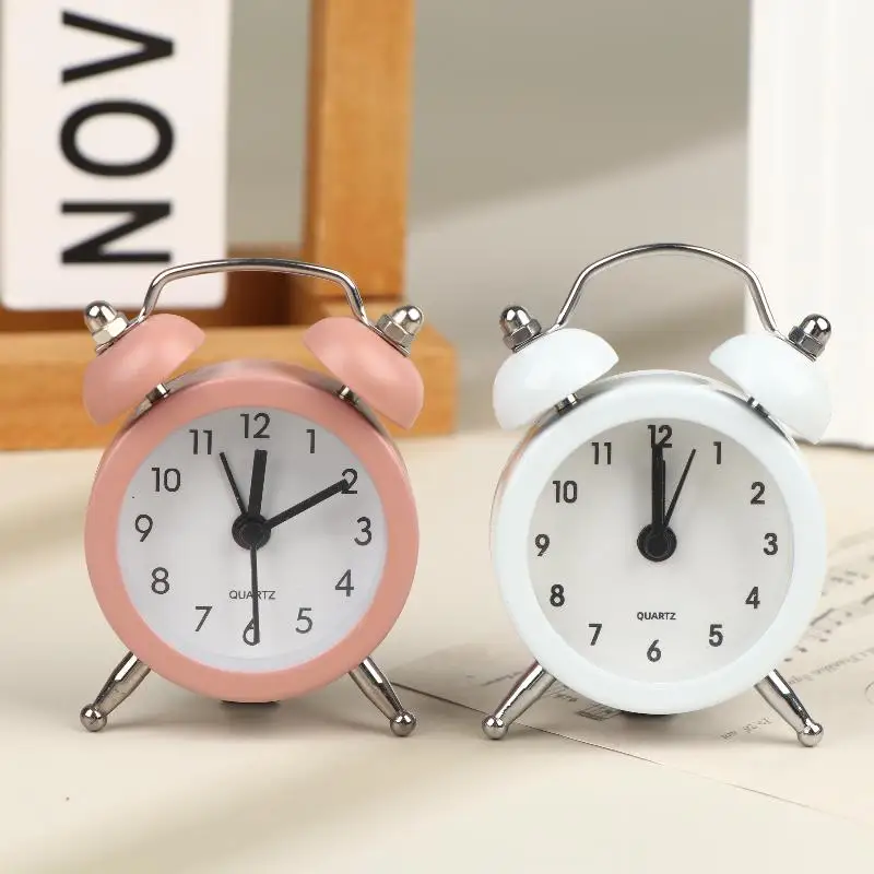 Mini Retro Twin Bell Alarm Clock Non-Ticking Loud Analog Wake Up Timer for Heavy Sleepers Bedroom Office Desktop Decor
