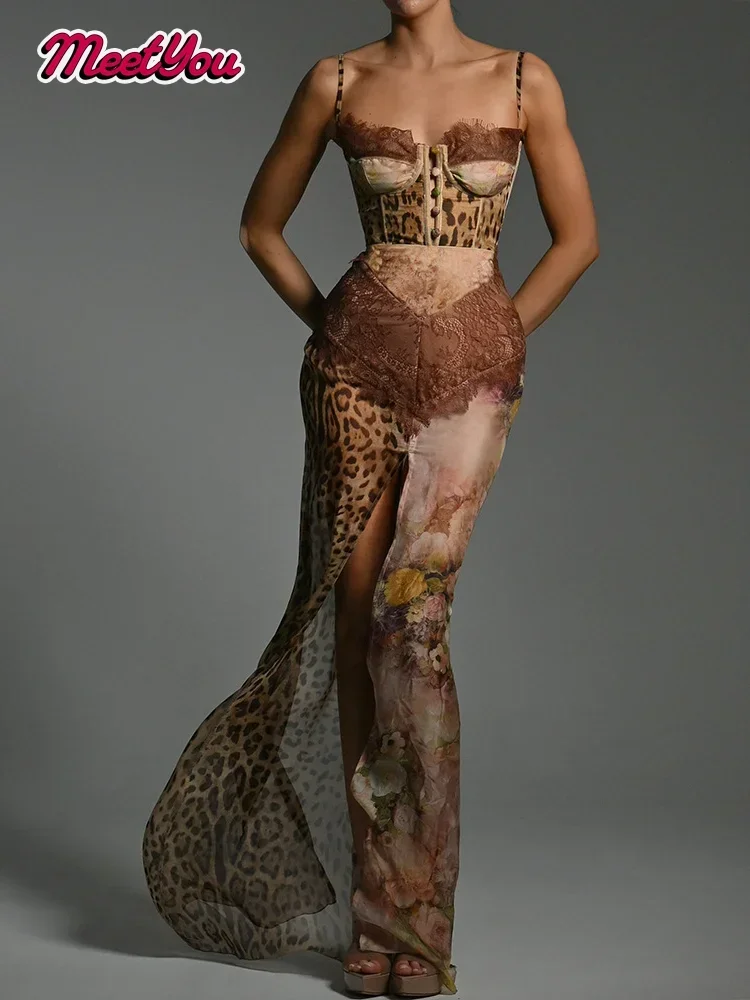 Luipaardprint Dunne Mesh Maxi Jurk Vrouwen Sexy Taille Cinching Sheer Split Lange Sling Toga 2025, Zomer Elegante Avondfeest Gewaad