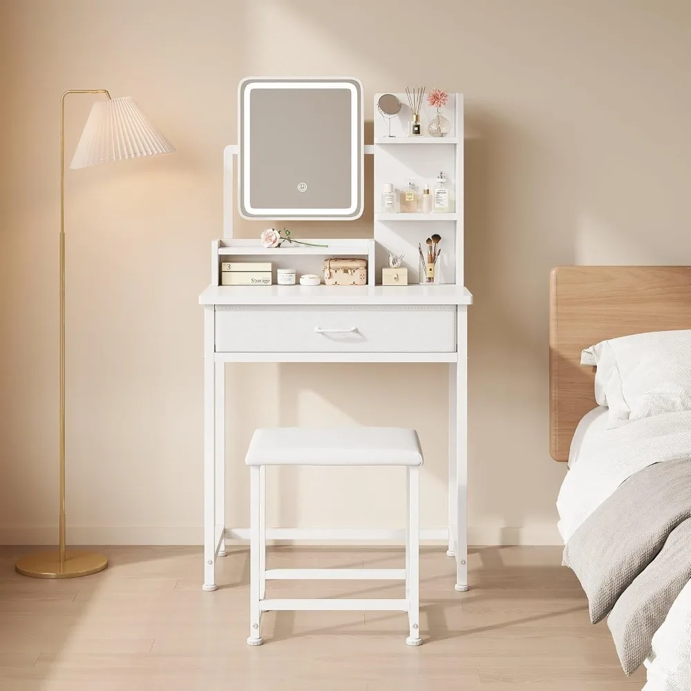 

Makeup Vanity Desk with Mirror and Lights, Small Vanity with Fabric Storage Drawer & Chair & Shelves, White Compact Makeup Vanit