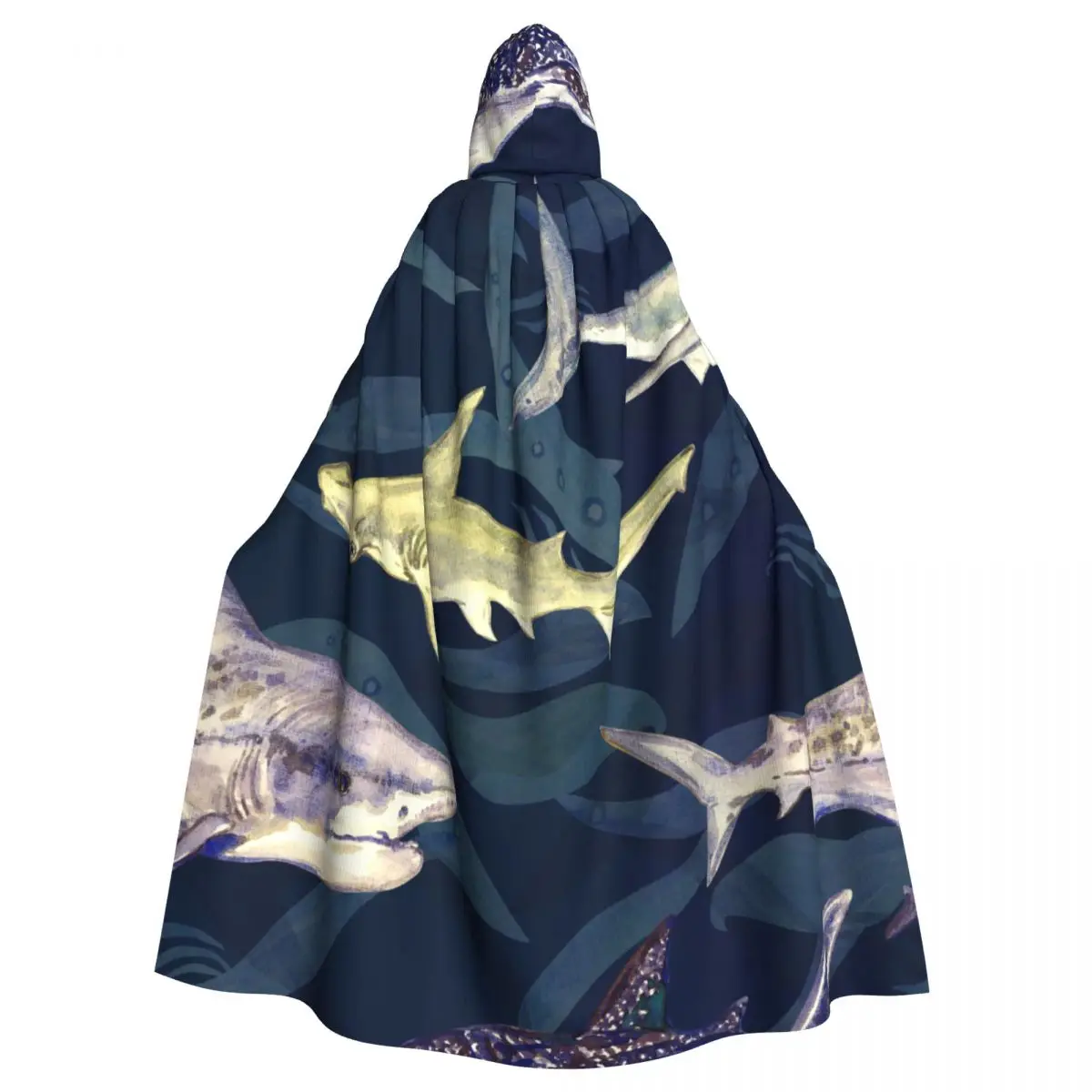 

Blue Tiger Whale And Hammerhead Watercolor Hooded Cloak Polyester Unisex Witch Cape Costume Accessory