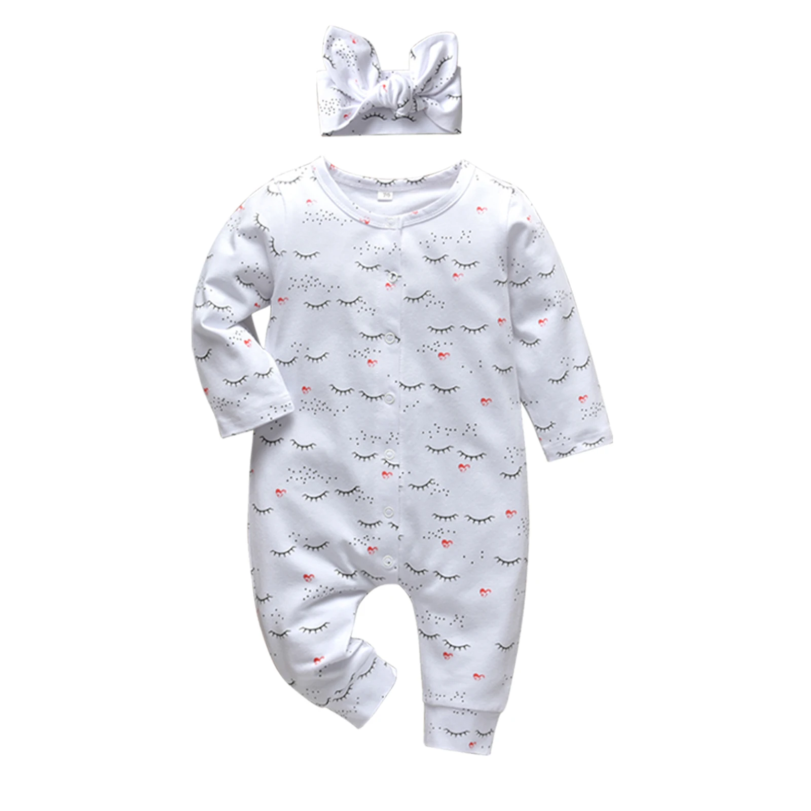 2Pcs Baby Girls Romper Cartoon Rabbit Pattern Cotton Long Sleeve Jumpsuit+Headband Outfits Set Newborn Infant Clothes