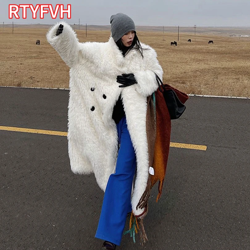 Winter Long Oversized Coat Shaggy Fluffy Grey White Thick Warm Soft Faux Fur Jacket Women Furry Overcoat European Fashion 2024