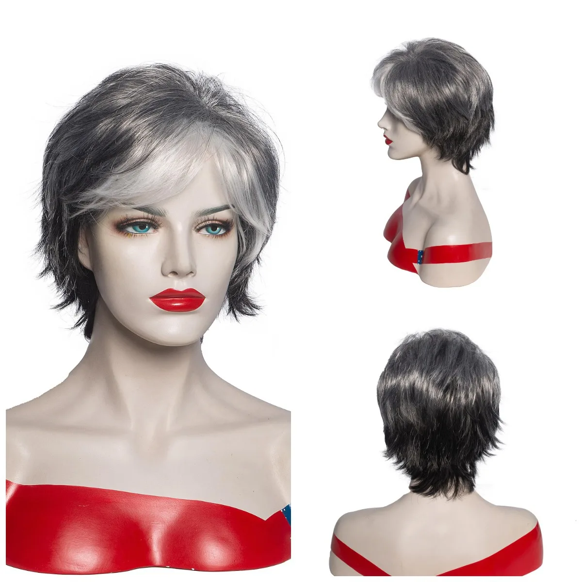 Middle Aged and Elderly Women's Fluffy Silver Grey Short Hair  Micro Roll Chemical Fiber High Temperature Filament Wigs