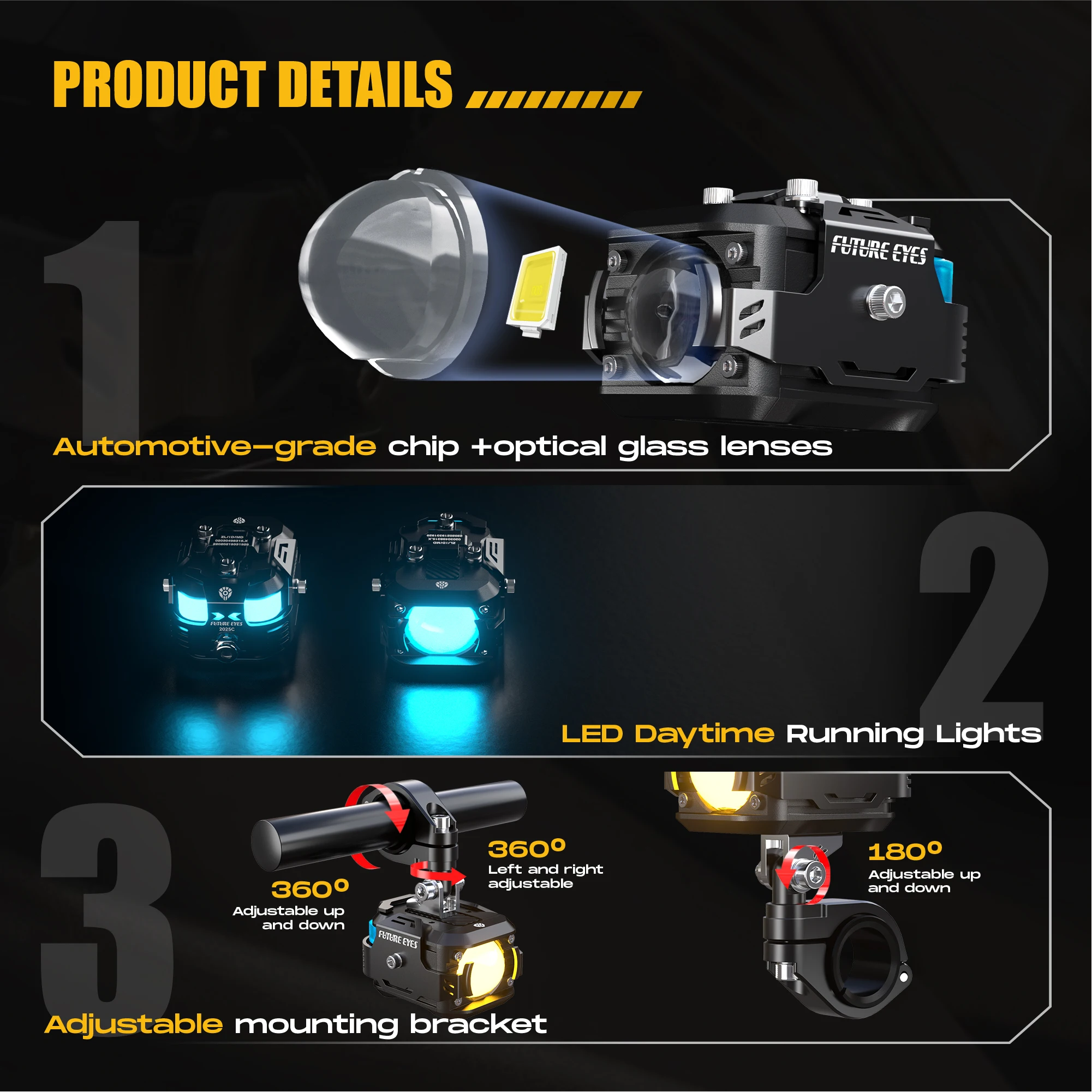 Future Eyes F150pro - LED Motorcycle Fog Lights, Waterproof  Auxiliary Driving lights, plus rear ambient lights and 4-color DRL