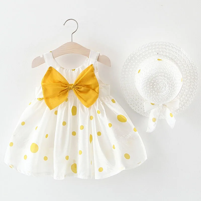 Vêtements d'été pour nouveau-nés filles, 2 pièces, mode coréenne, robes de bébé en coton sans manches à pois + chapeau de soleil, robe de princesse pour tout-petits B204