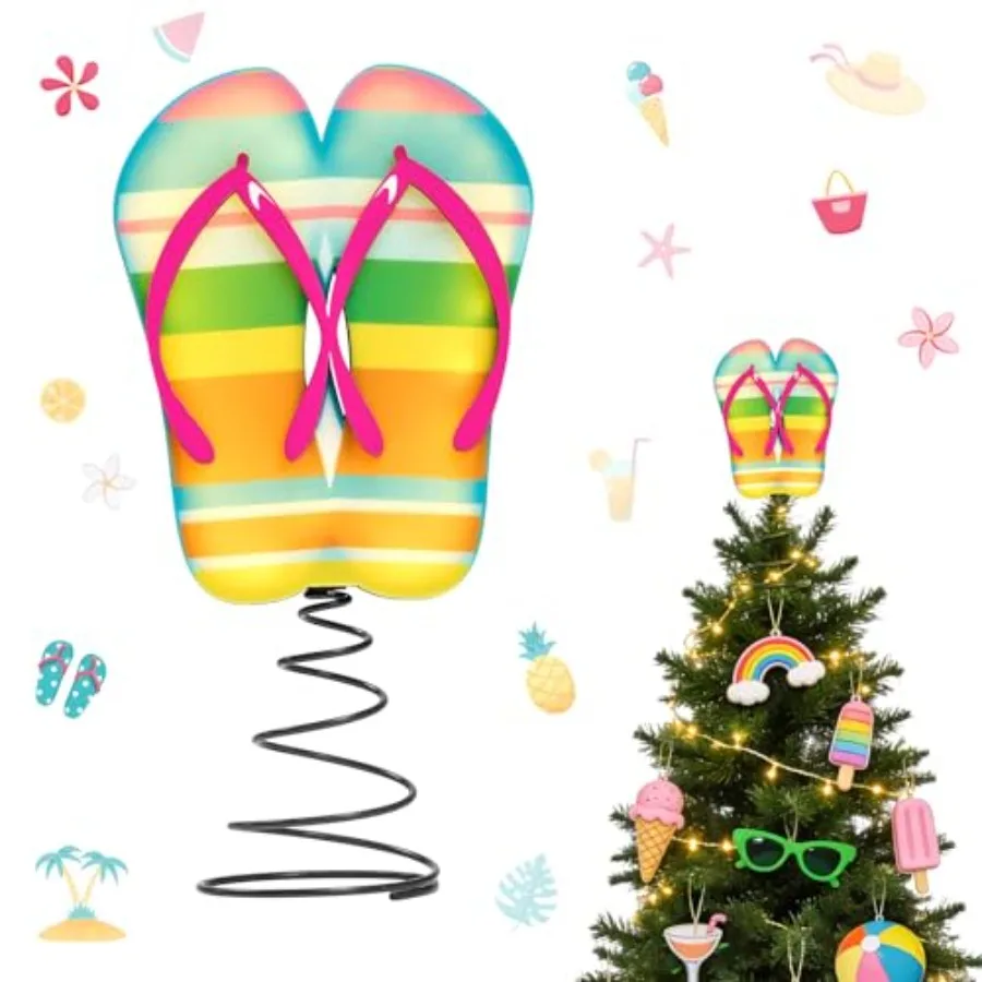 

10 x 5.2 Inch Wood Summer Tree Topper with LED Lights, Flip Flop Tree Decorations for Christmas in July Luau Beach Theme Hawaii