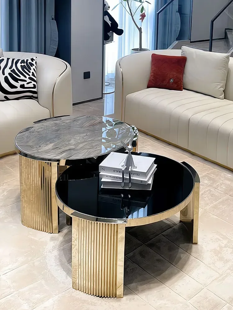 Round Tea Table Combination Luxury High-Grade Stainless Steel Marble Living Room Coffee Table Side Table