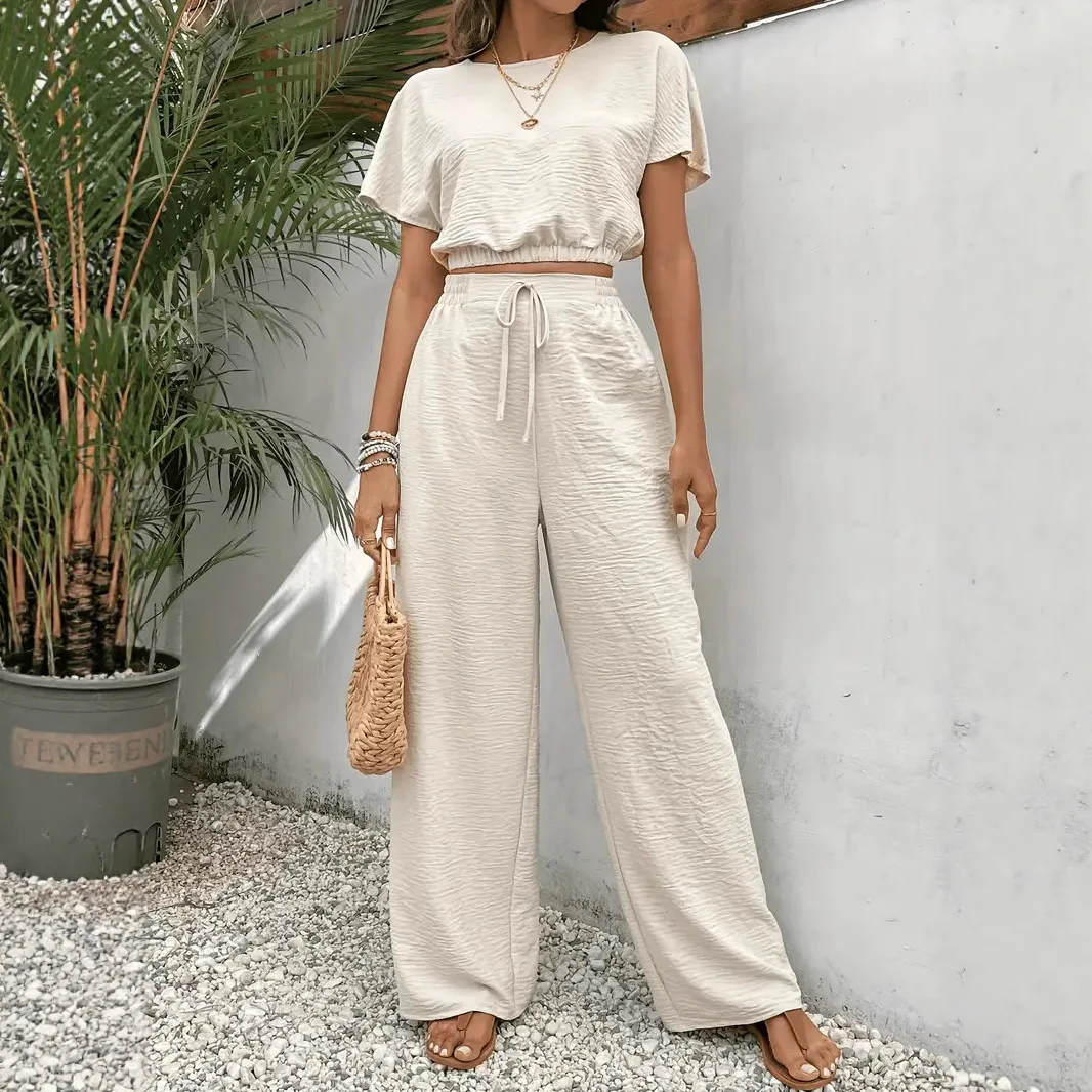 

New Fashionable Shirt+lace Up Wide Leg Pants Two-piece Sets Women's Summer Casual Loose Solid Color Top And Pants Set For Women