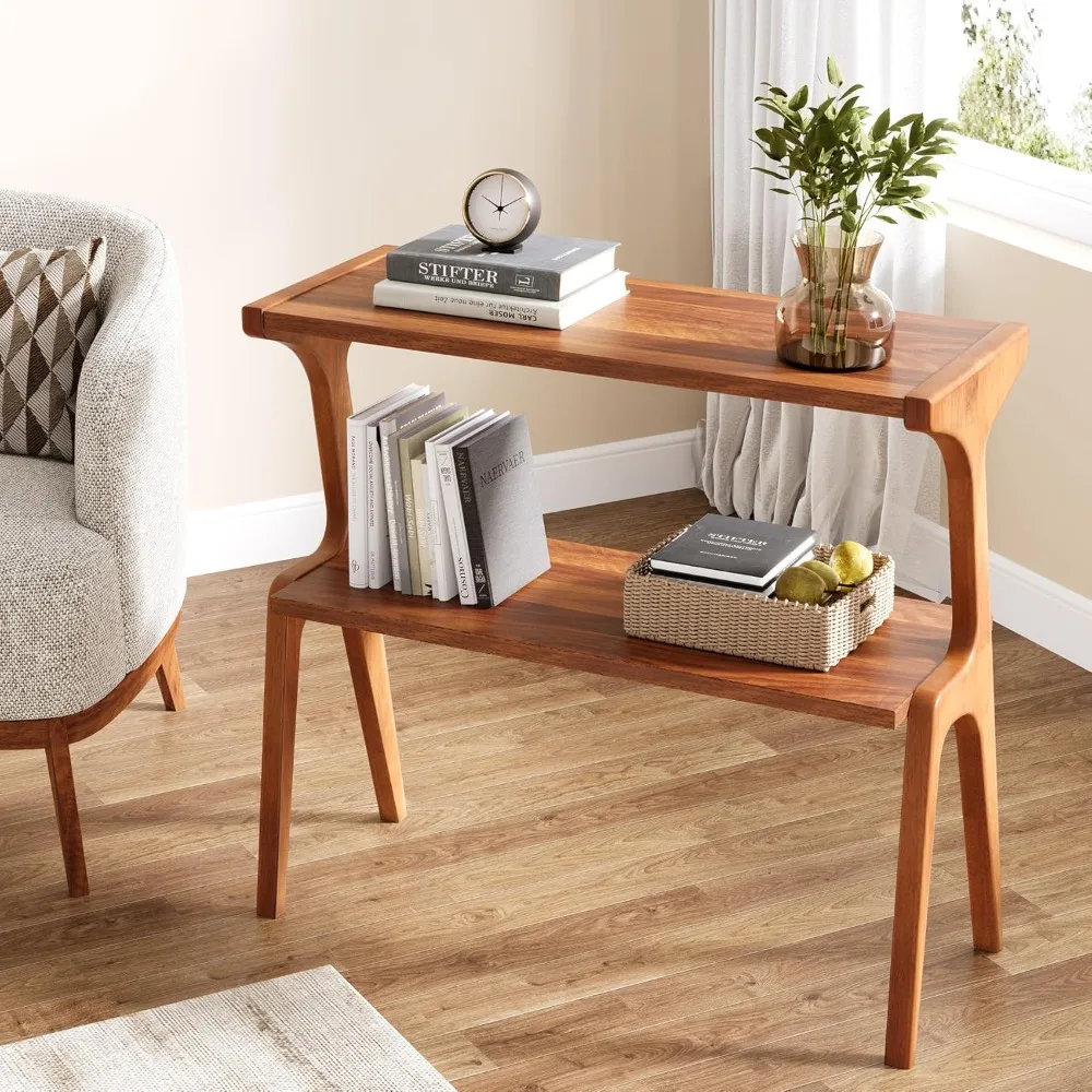 Narrow end table in living room, 2-layer ultra-thin sofa side table with solid wood legs, bedside table with storage rack image 3