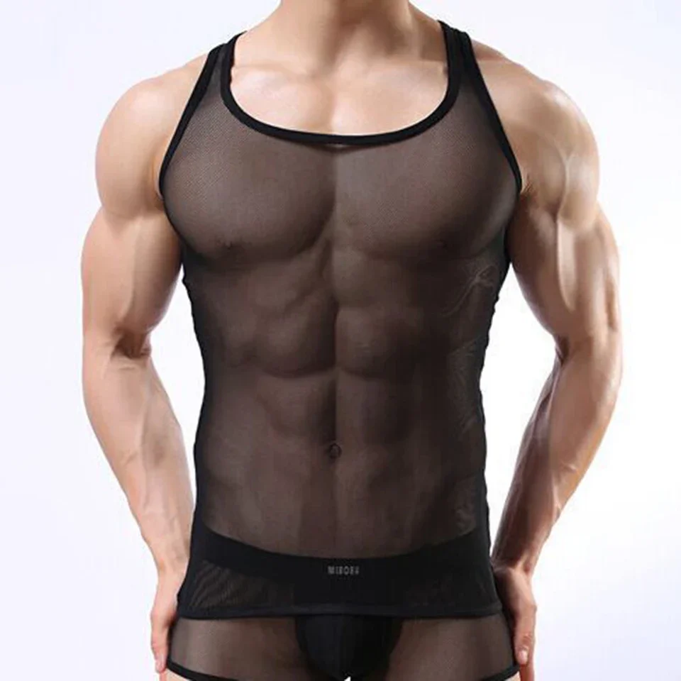 

Men Sexy Mesh Sheer Fishnet Tank Tops Stretch Sleeveless Breathable Thin Vests Gym Training Tank Top Male Vest
