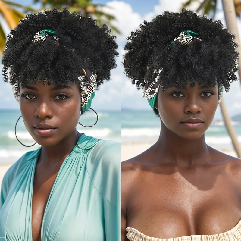 Peluca Afro rizada con diadema para mujer, postizo de pelo sintético Natural con flequillo