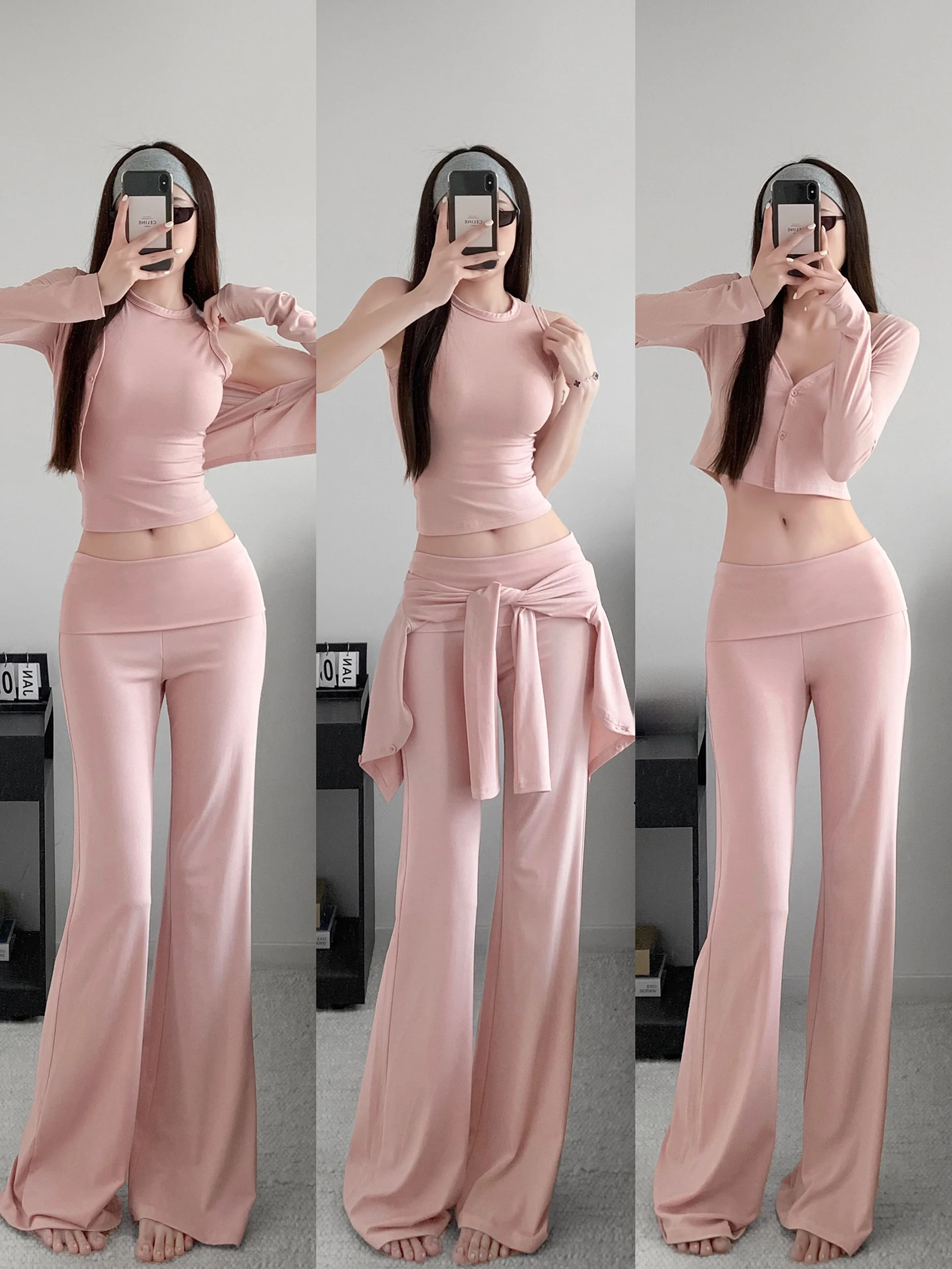 Zhang Zi  Summer Loose Comfortable Body Shape Suit High Waist Wide Leg Pants V Neck Open Cardigan Outerwear Fashion Set