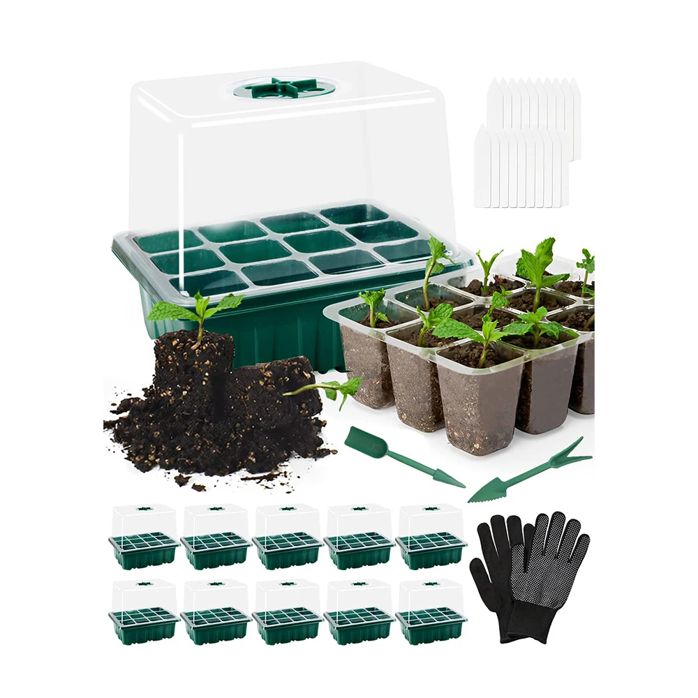 

10 Set Greenhouse Grow Tray Nursery Pot Mini Propagation Box with Lid and Ventilation for Seedling Plant Glove Label Plant Fork