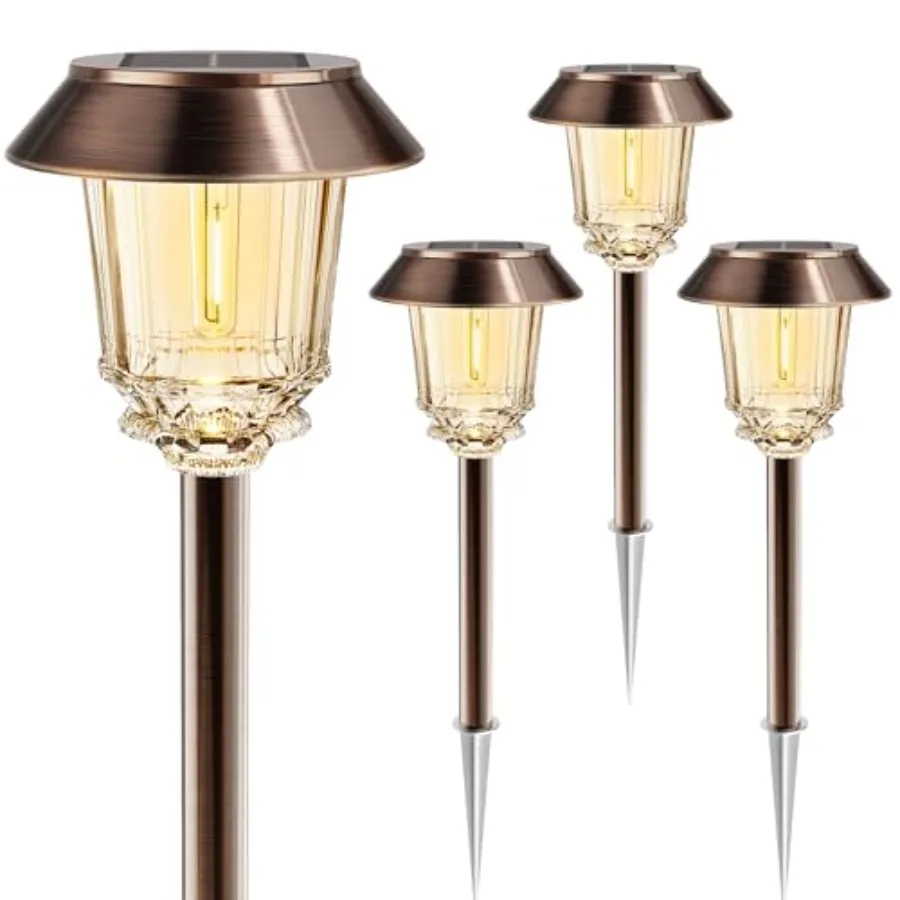 Solar Lights Outdoor Waterproof, Bronze Pathway Lights with 10-0 LM Dimmable Glass and Metal, Solar Powered Garden Fall Decor f