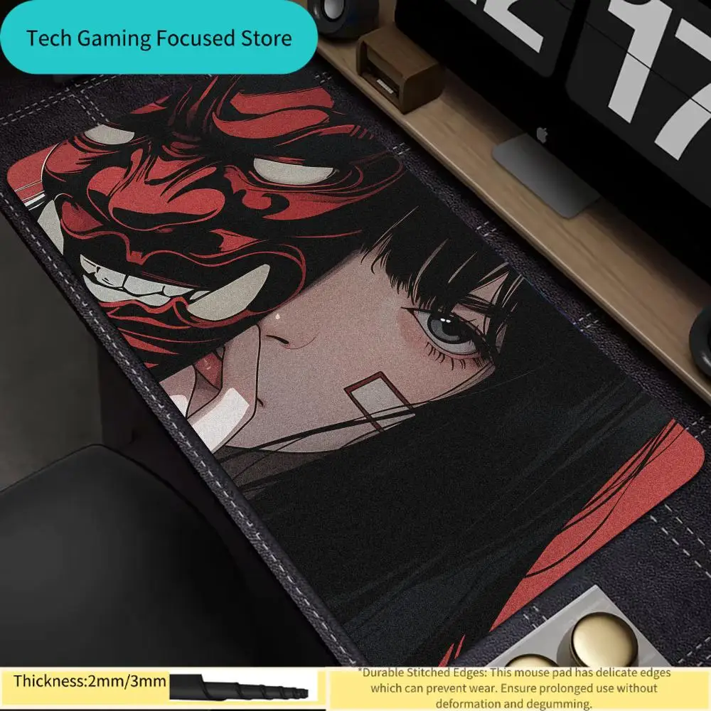 Samurai-Geistermasken-Mädchen-Mauspad, Gamer-Mauspads, Laptop-Tastatur-Mausmatte, XXL großes Mauspad, Gaming-Gummi-PC-Büro-Schreibtischunterlage