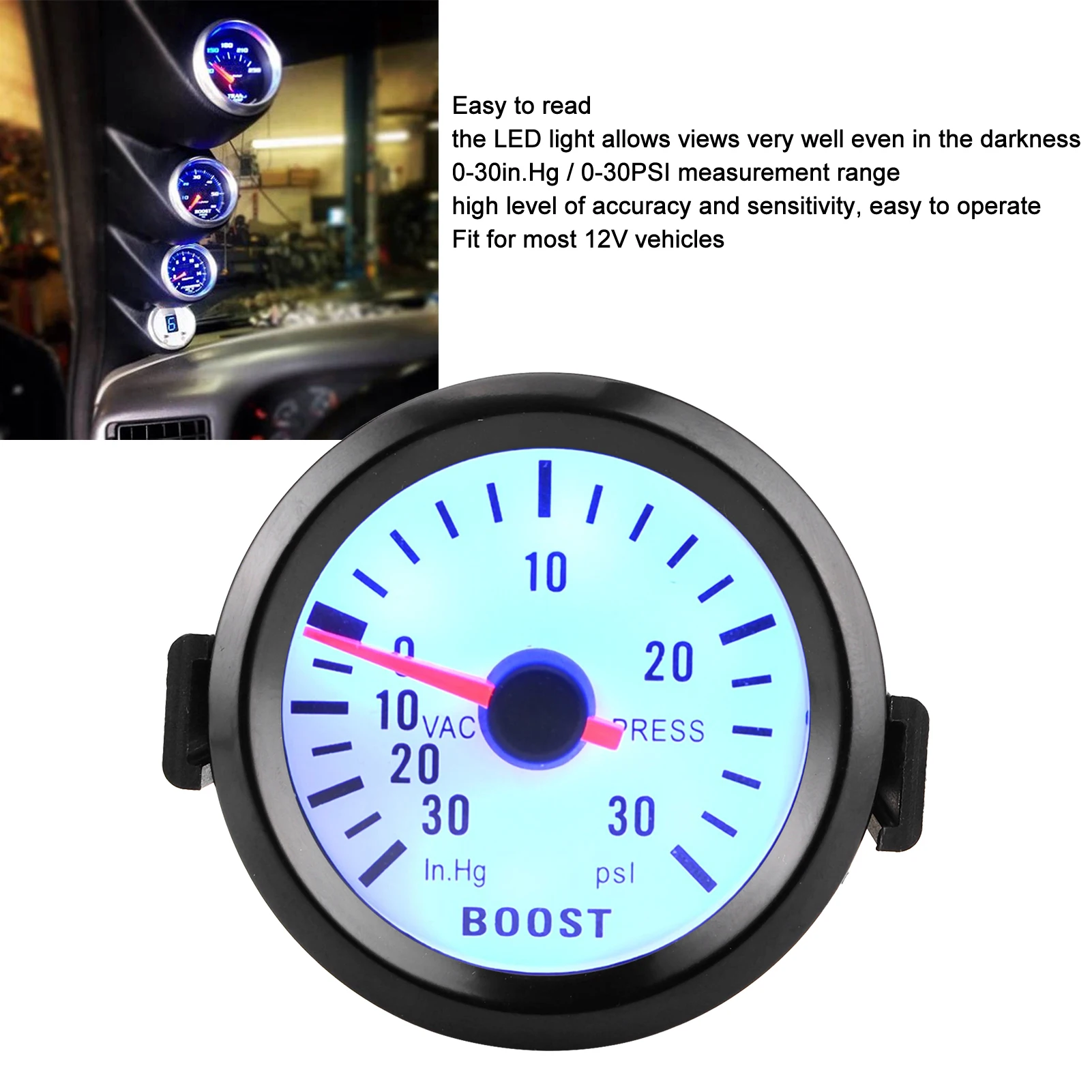 Turbo Pressure Gauge  Boost Pointer Gauge Vacuum Pressure Meter 0‑30PSI 12V Blue LED 52mm Dia for Cars Motors