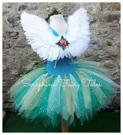 Green Princess Girls Dress Kids Elf Fairy Costume with Headband Angel Wings Sets Halloween Cosplay Children Party Clothes 0-9Y