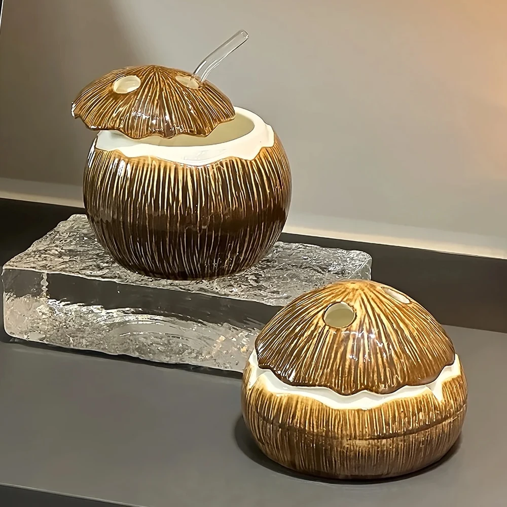 Ceramic Coconut Shell Decorative Ornaments Ashtray with Lid Straw Mug Living Room Home Office Ceramic Decorative Ornaments