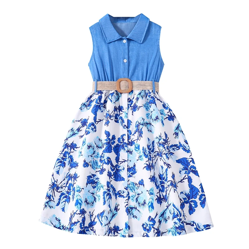 Tween Girl Summer Dress Casual Sleeveless Lapel Collar Belted Long Dress Kid A-Line Dress