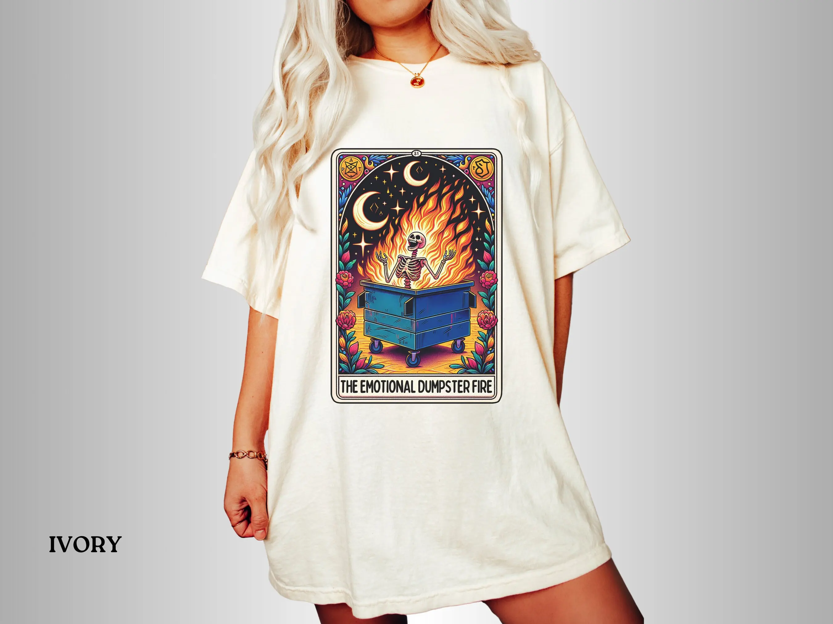 The Emotional Dumpster Fire Funny Tarot Card T Shirt Witchy Skull Skeleton Oversized Comfort Colors