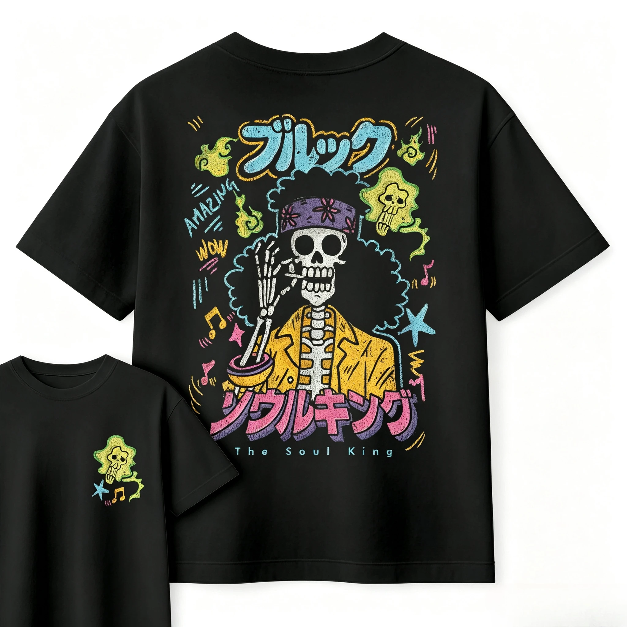 Unisex Crew Neck T-Shirt Back Large Graffiti Skeleton Musician Graphic Front Small Ghost Emblem Casual Short Sleeve Tee