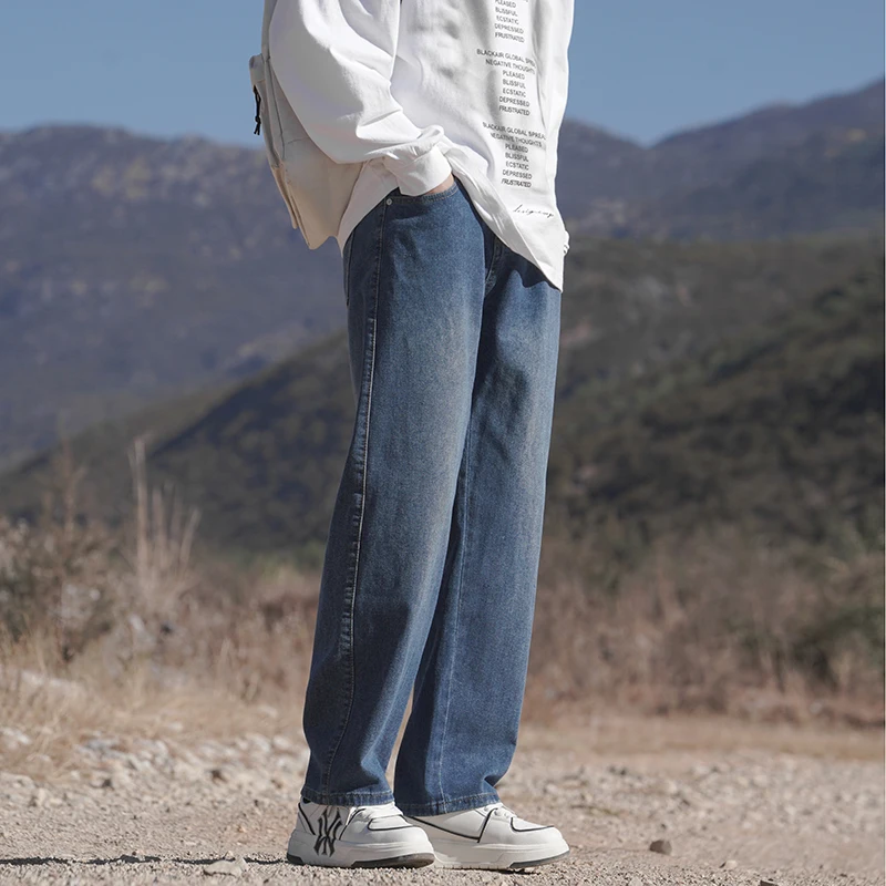 Spring Autumn New Fashion Korean Loose Straight Jeans Men Baggy Pants Elastic Waist Wide Leg Casual Pants Men\'s Clothes 5 Colors
