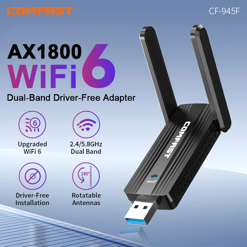 COMFAST AX1800 WiFi 6 USB Adapter 2.4G/5GHz USB3.0 Wifi Dongle Wireless 802.11AX Network Card High Gain Antenna For Windows10/11