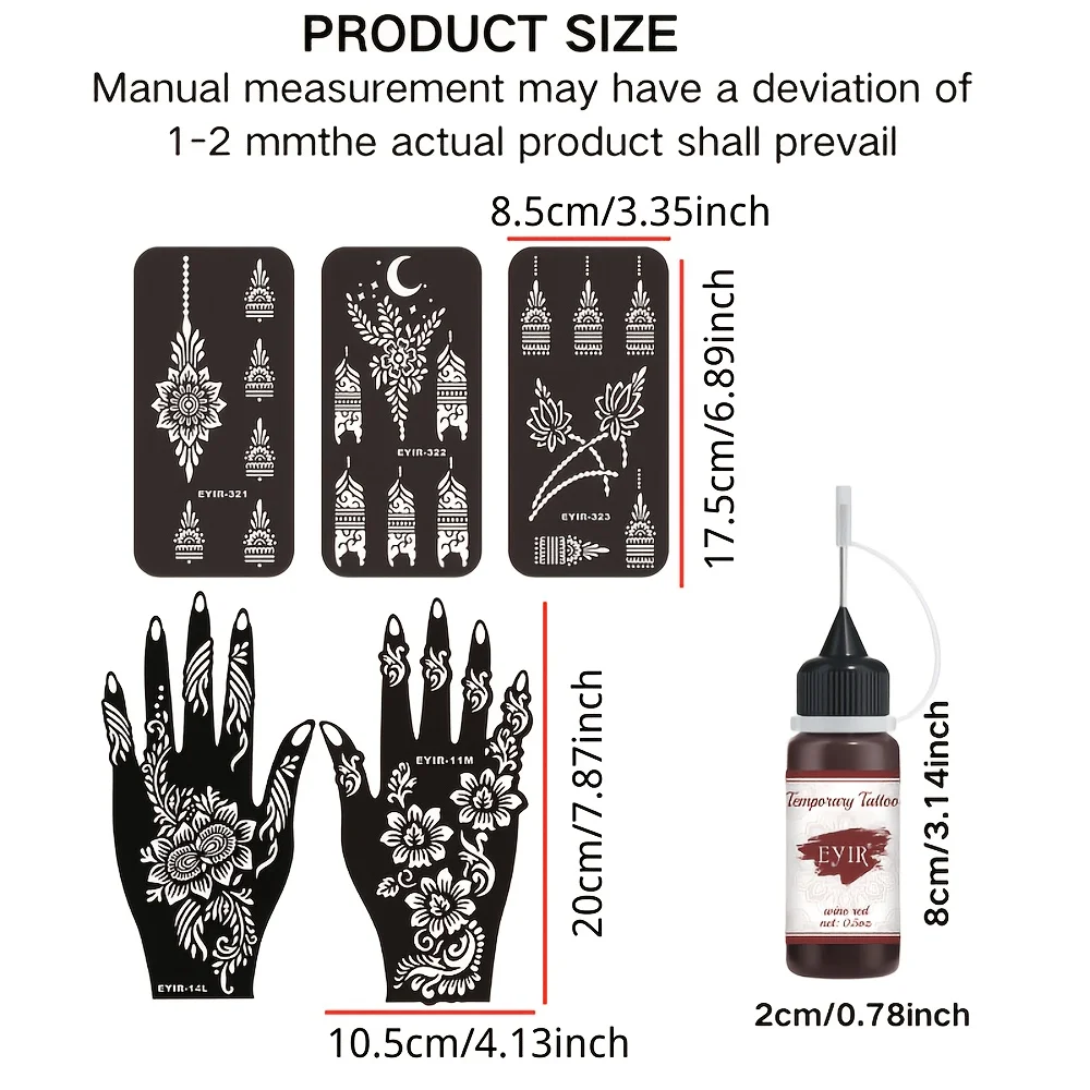 EYIR Temporäres Tattoo-Paste Set 3 Farben mit 5 Henna Handschablonen Wasserfest für Body Art DIY Festival Party – Detail 9