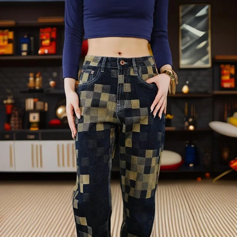 

Мужские повседневные свободные джинсы прямого кроя в клетку синего цвета, осенне-зимние, с эффектом похудения, с мозаичным узором в стиле шебби-шик