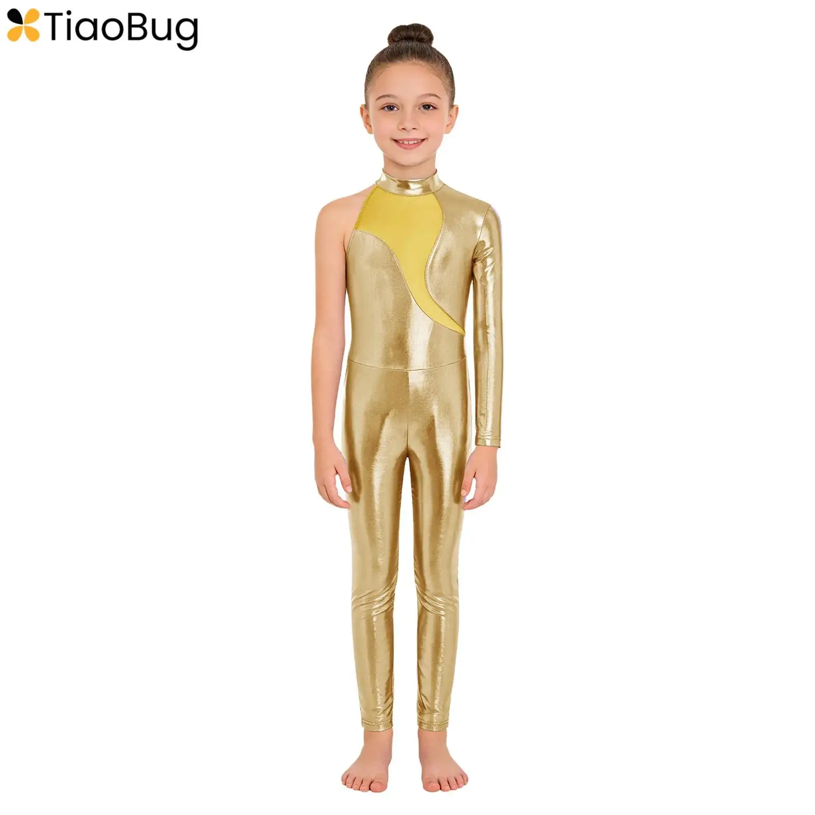 

Kids Metallic Ballet Dance Full Length Unitard Long Sleeve Shiny Bodysuit Ballet Practice Dancewear for Girls Halloween Costumes