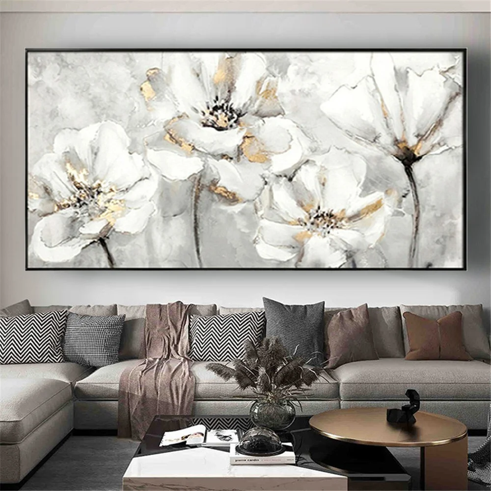 

Contemporary Large Abstract White Flowers Wall Art Hand Painted Oversize Painting On Canvas Gray Living Room Decoration