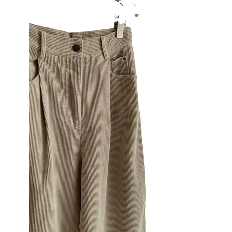 레트로 코듀로이 와이드 레그 팬츠 여성 가을 ​​겨울 레저 슬림 바지 편안한 긴 바지 폴리 에스터 섬유