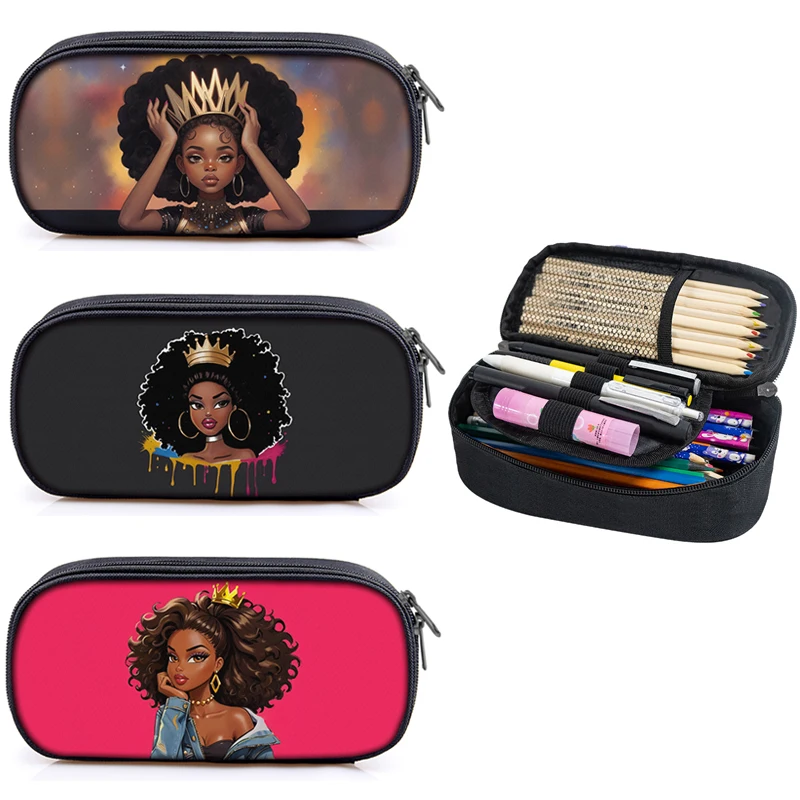 Trousse à Crayons Noire avec Couronne pour Femme, Afro Adolescente, Boîte pour Fournitures Scolaires et de Bureau