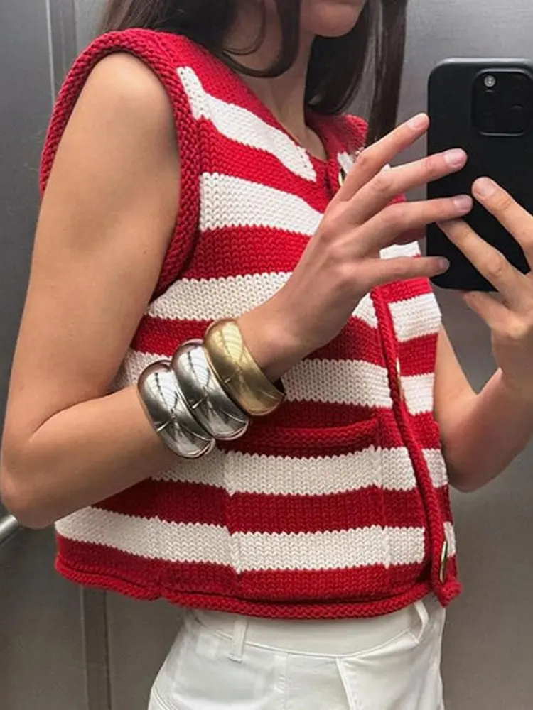 Alta calidad, moda, rayas rojas y blancas, versátil, hebilla de Metal, chaleco tejido de lana, cárdigan, Tops, chaqueta sin mangas para mujer, nuevo
