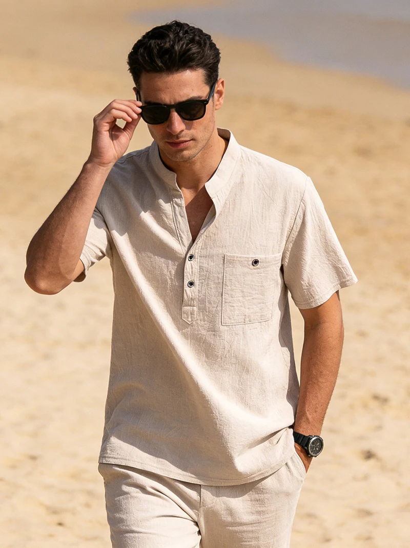 Men's Cotton Linen Henley Shirt Short Sleeve Stand Collar Button Down Breathable Casual Beach Vacation Daily Wear Tops for Men