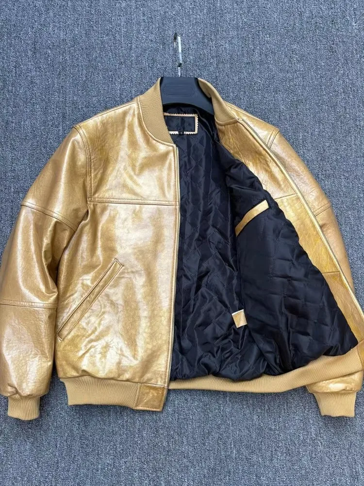 Mens Casual Sheepskin Genuine Leather Bomber Jacket Soft Natural Leather Winter Thick Padded Coat New Designer Motorcycle Jacket