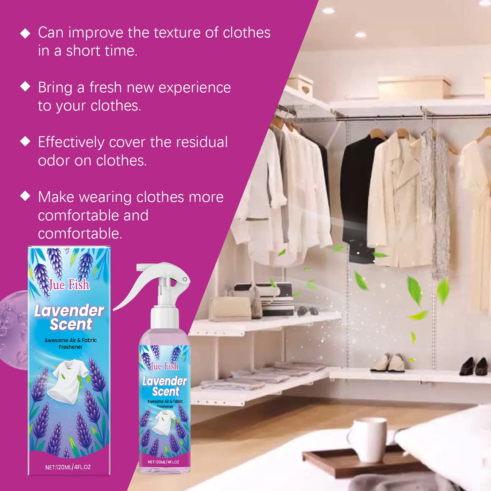 120ml Fabric Refresher Spray Odor Eliminator Lavender Scent Anti-Static Formula For Clothes & Linens Gentle On Fabrics