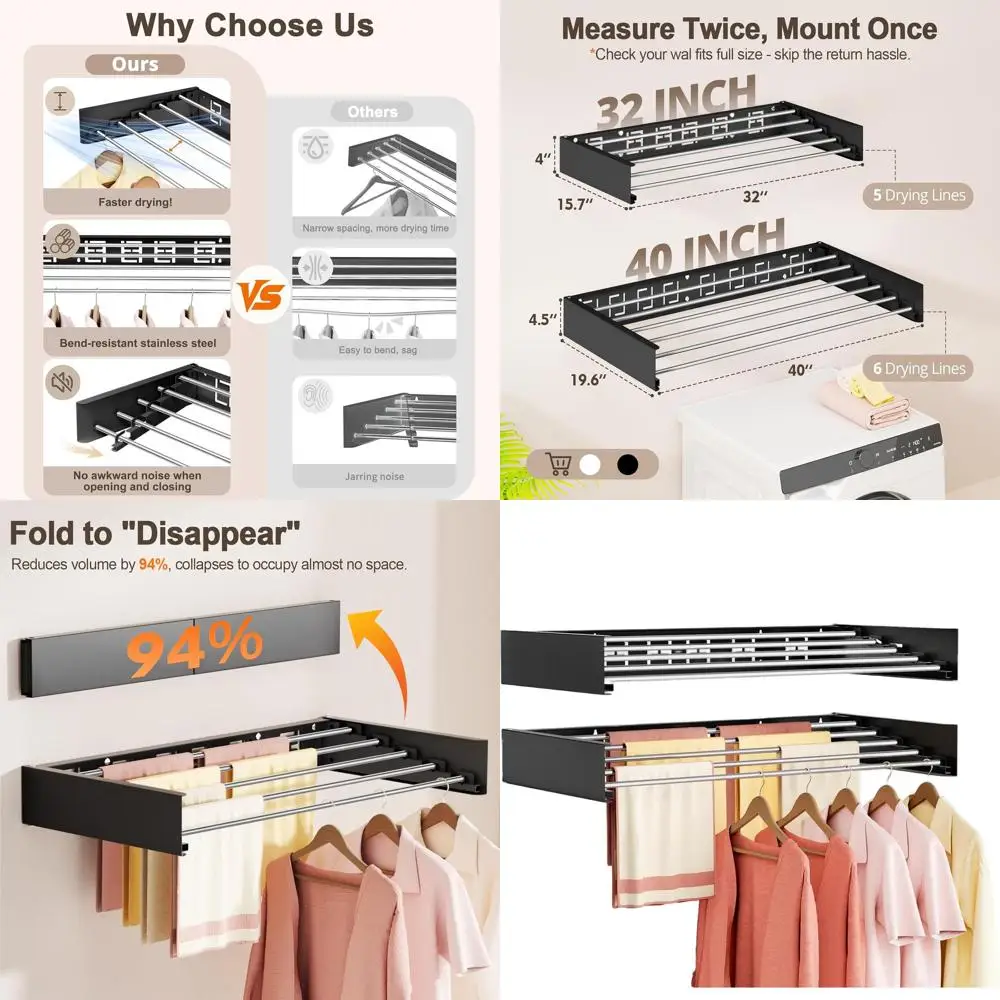 

Складная комнатная сушилка для одежды, складная вешалка для белья, компактная, выдвижная вешалка для полотенец, 6 стержней, черный 40