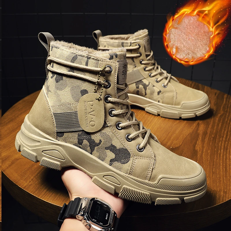 Autumn Winter Camouflage Shoes for Men Fashion Outdoor Male Booties 2024 Cotton Boots with Added Fluff Chunky Desert Ankle Boots