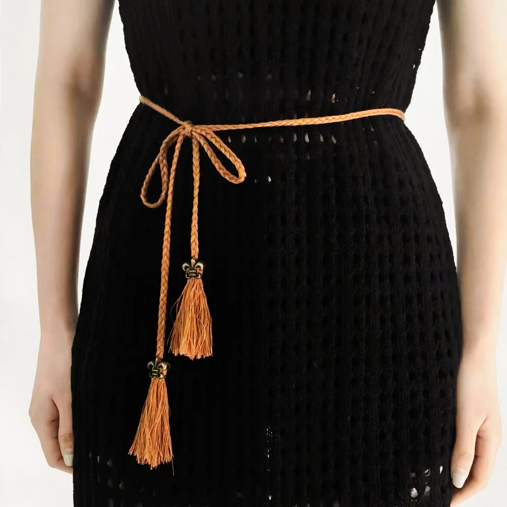 Women Waist Belt Rope Chinese Style Braided Woven Tassel Thin Belt Female Knot Decorated Waistband Hot Casual Solid Black Belts