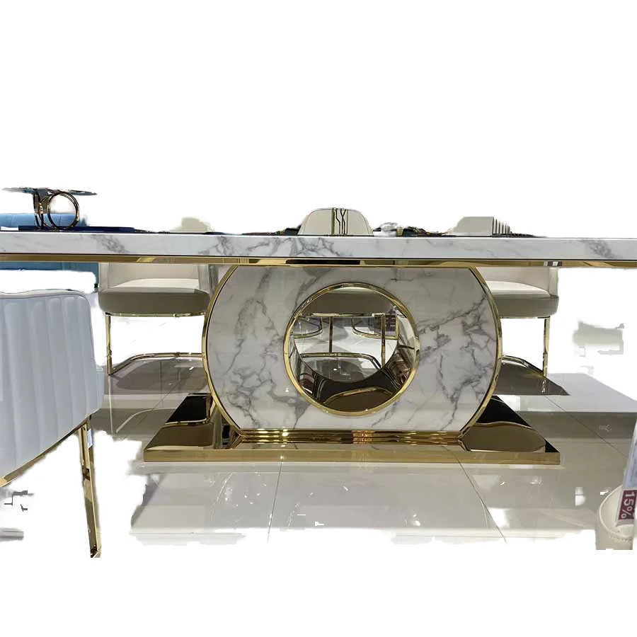 Modern Luxury Gold Chromed Hotel Dining Table Set 6 Seater Marble Top Metal Chair Set